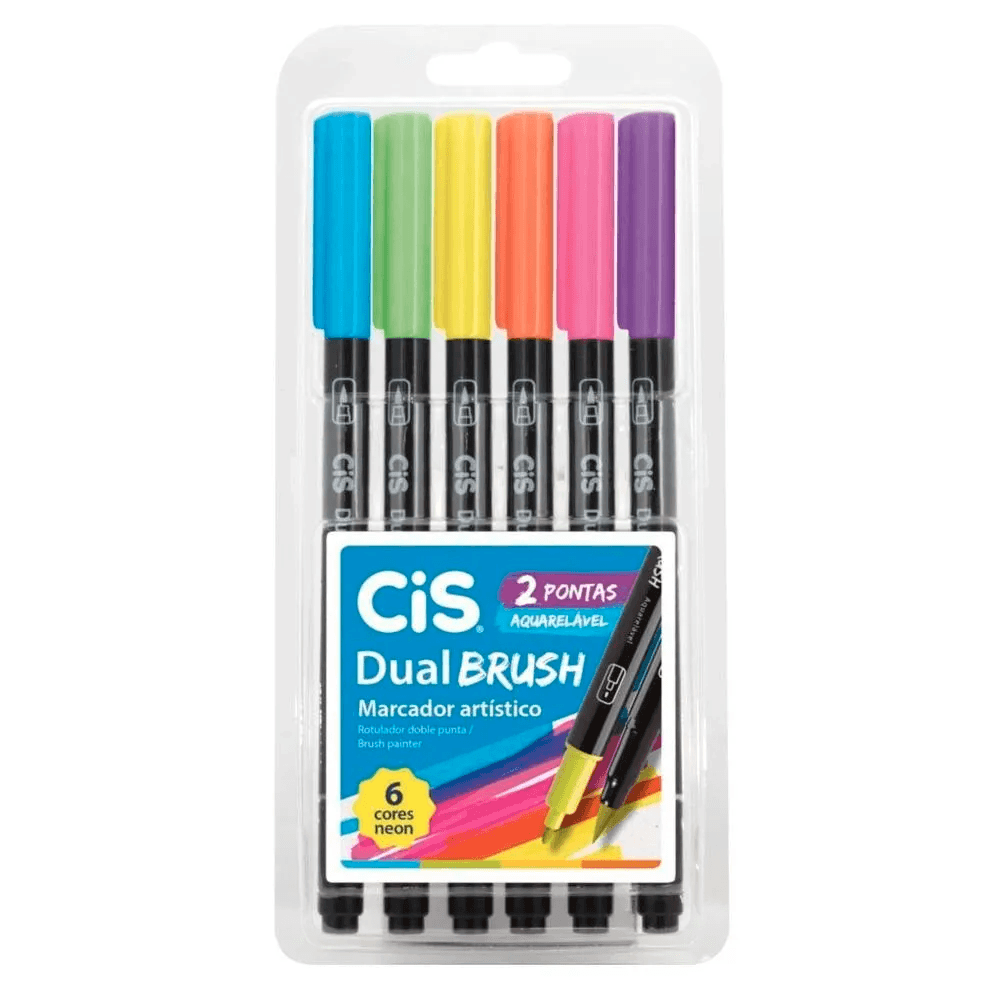 Marcador-Artistico-Dual-Brush-Aquarelavel-com-6-Cores-Neon-Cis Marcador-Artistico-Dual-Brush-Aquarelavel-com-6-Cores-Neon-Cis