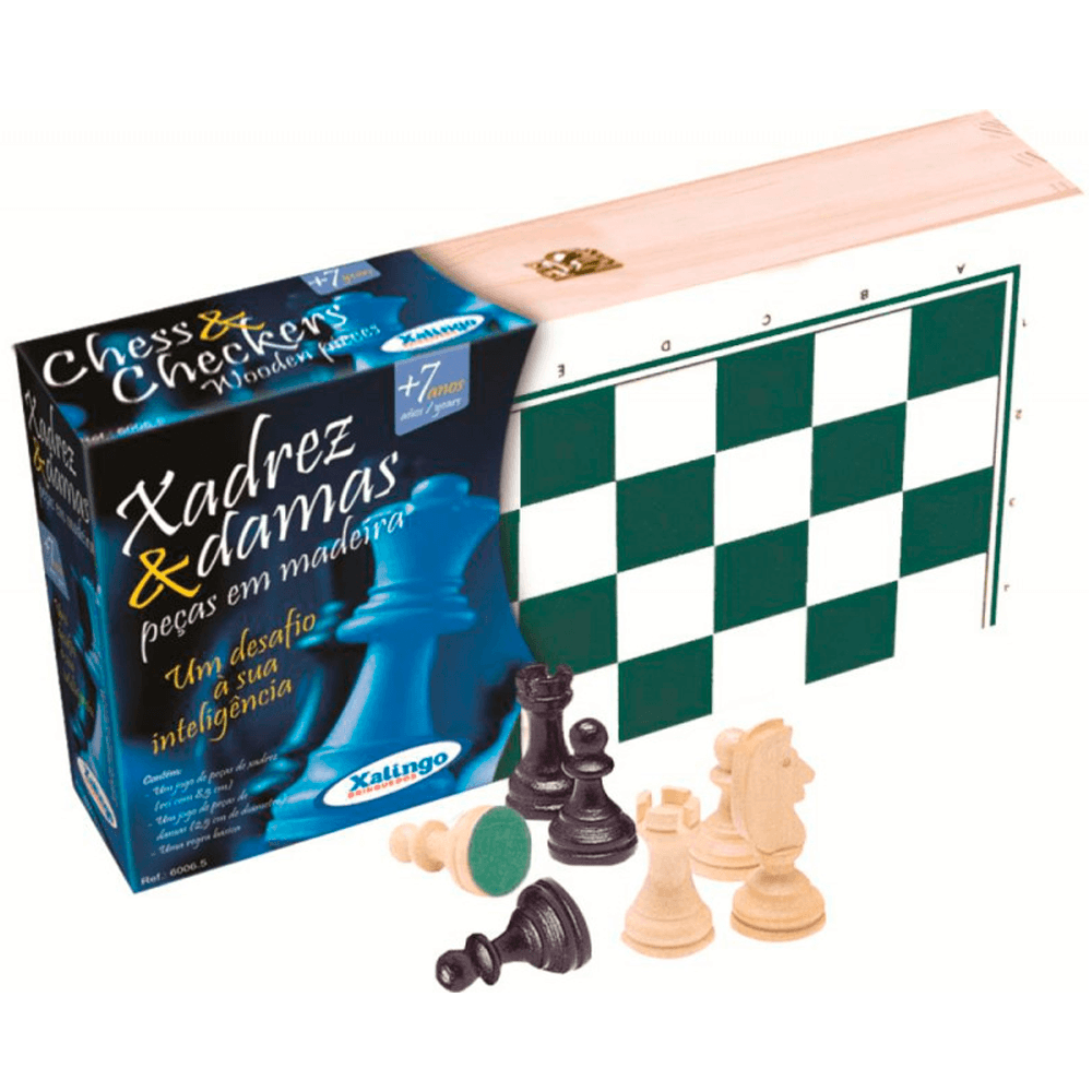 Jogo de xadrez e damas caixa madeira com fecho 56 peças - BRINQUE