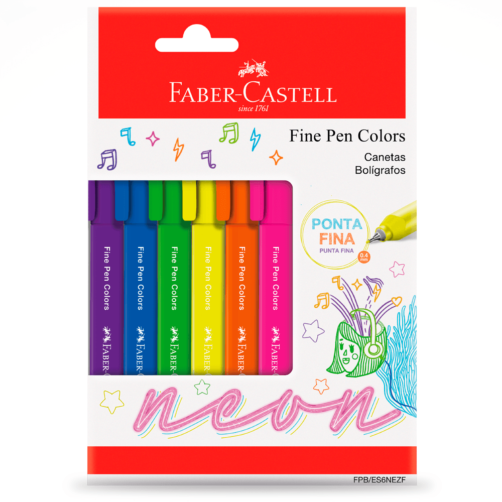 Caneta-Fine-Pen-Colors-0.4mm-Neon-com-6-Unidades---Faber-Castell Caneta-Fine-Pen-Colors-0.4mm-Neon-com-6-Unidades---Faber-Castell