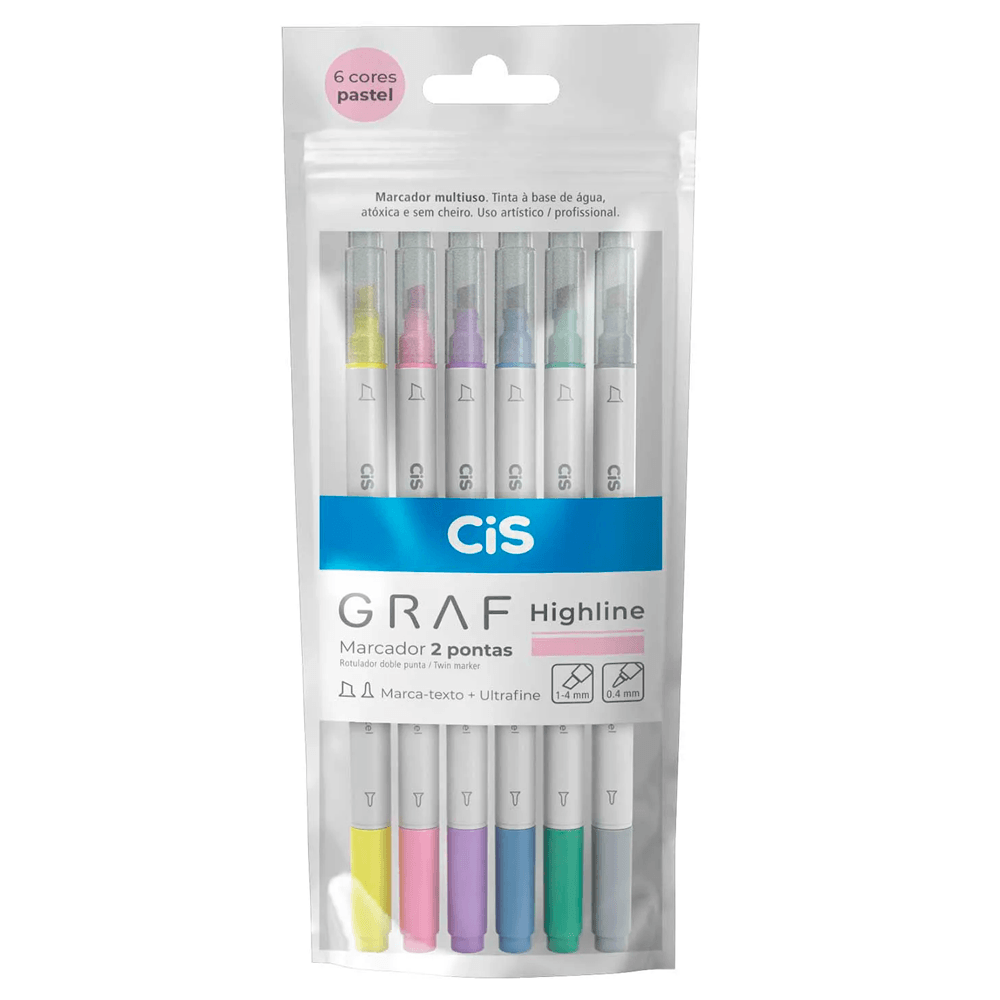 Marcador-Artistico-Cis-Graf-Highline-2-Pontas-com-6-Cores-Pastel---CiS Marcador-Artistico-Cis-Graf-Highline-2-Pontas-com-6-Cores-Pastel---CiS