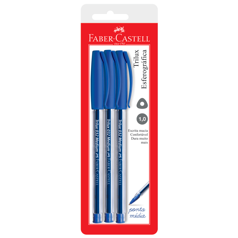 Caneta-Esferografica-Trilux-032-Azul-com-3-Unidades---Faber-Castell Caneta-Esferografica-Trilux-032-Azul-com-3-Unidades---Faber-Castell