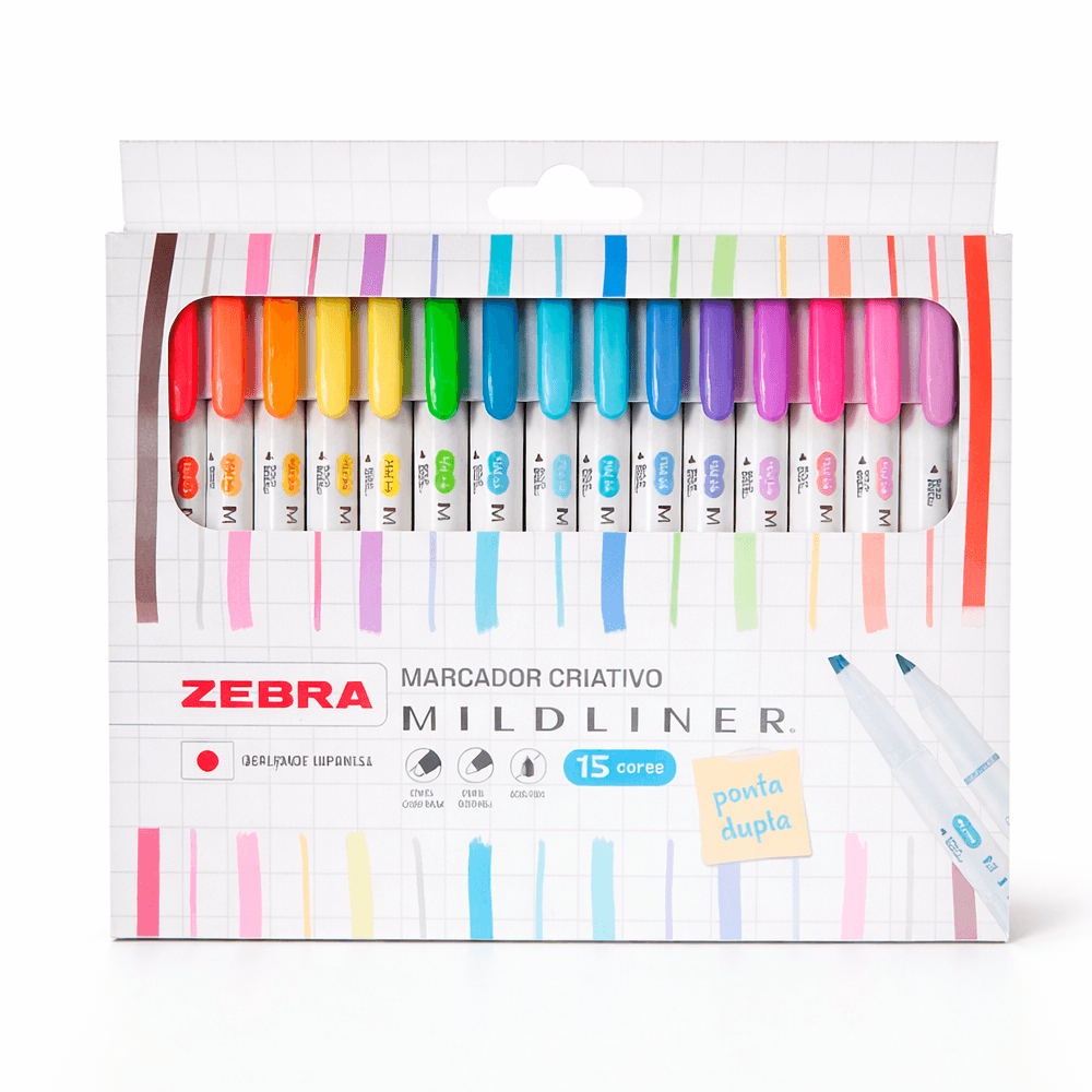 Estojo-Marca-Texto-Mildliner-Ponta-Dupla-com-15-Cores---Zebra Estojo-Marca-Texto-Mildliner-Ponta-Dupla-com-15-Cores---Zebra